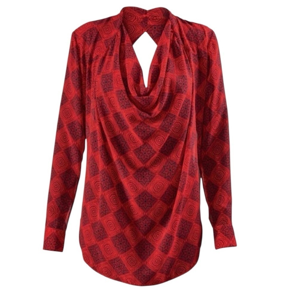 Cabi Red Diamond Print Sheer Top Blouse sz Small Medium Holiday Party Fairy EUC